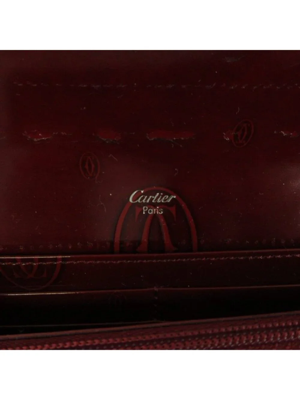 Cartier Happy Birthday Wallet Bifold Patent Logo Embossed All Over Print Wine